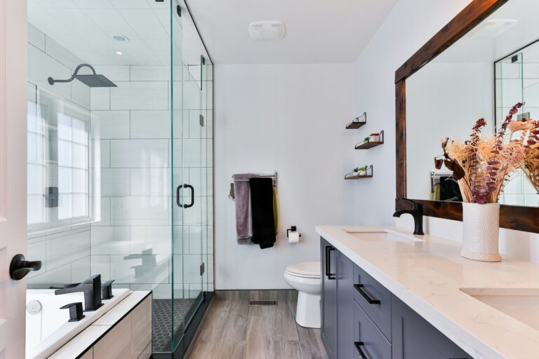 Luxurious bathroom with a freestanding tub and glass shower