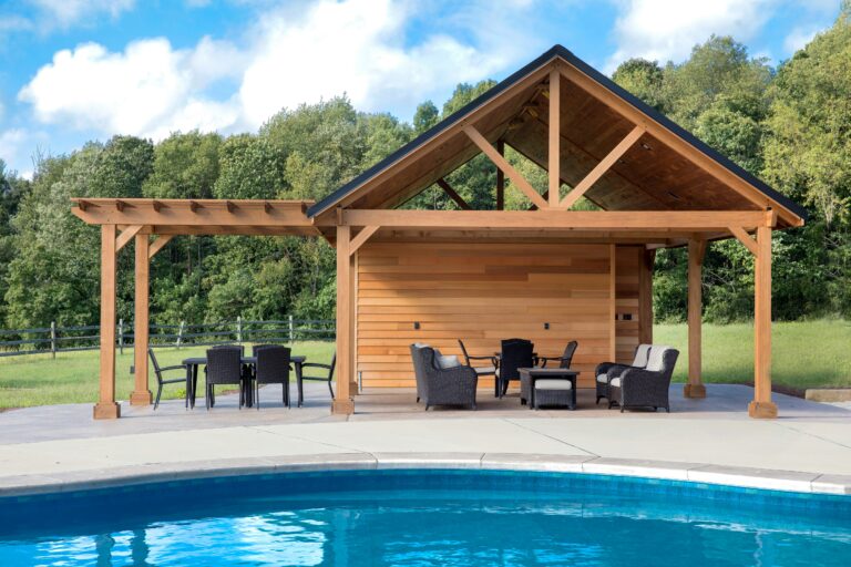 Stylish pool house with seating and storage