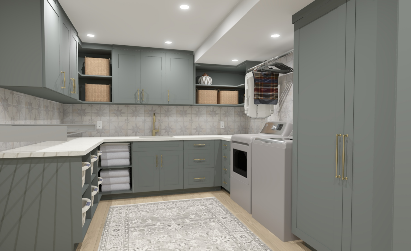 Functional laundry room with storage cabinets and appliances
