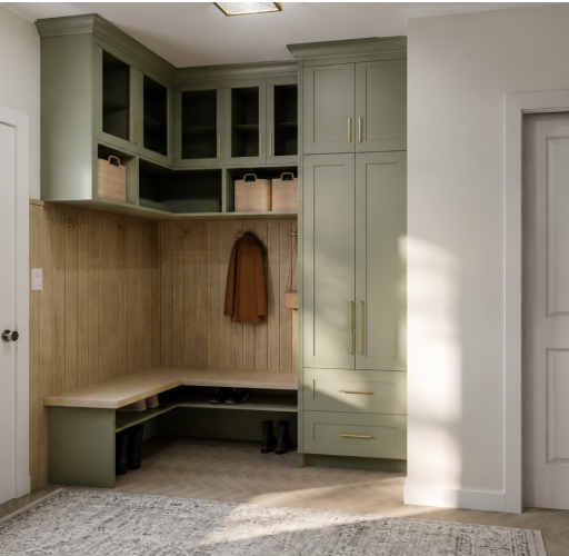 Organized mudroom with hooks and storage cubbies