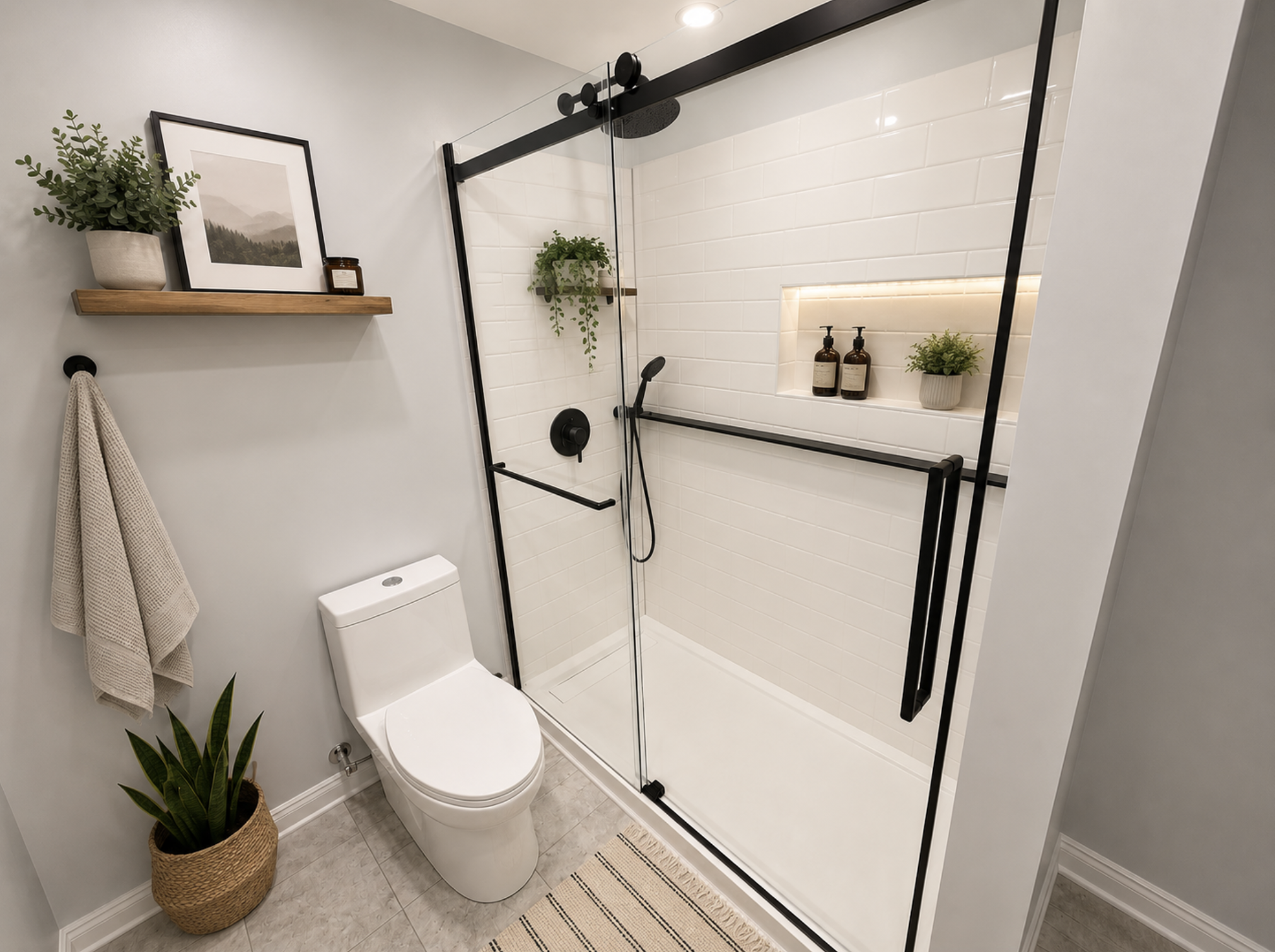 Bathroom with black-framed glass shower and subway tile