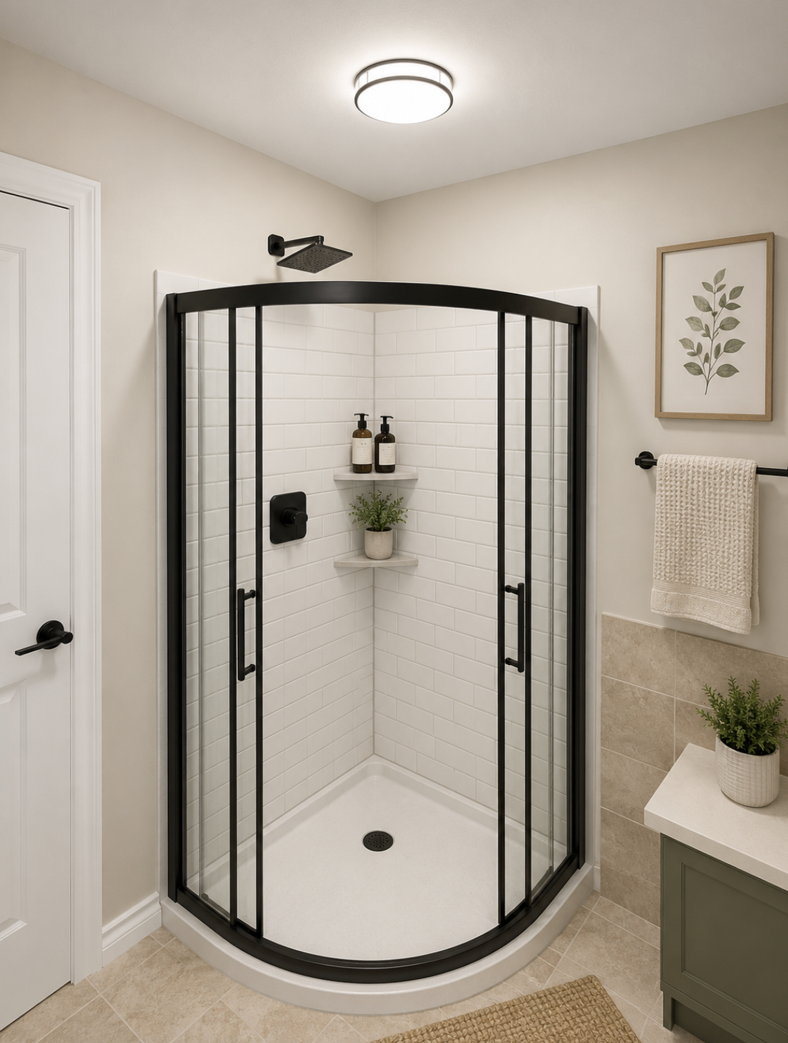 Bathroom with corner shower and neutral tile