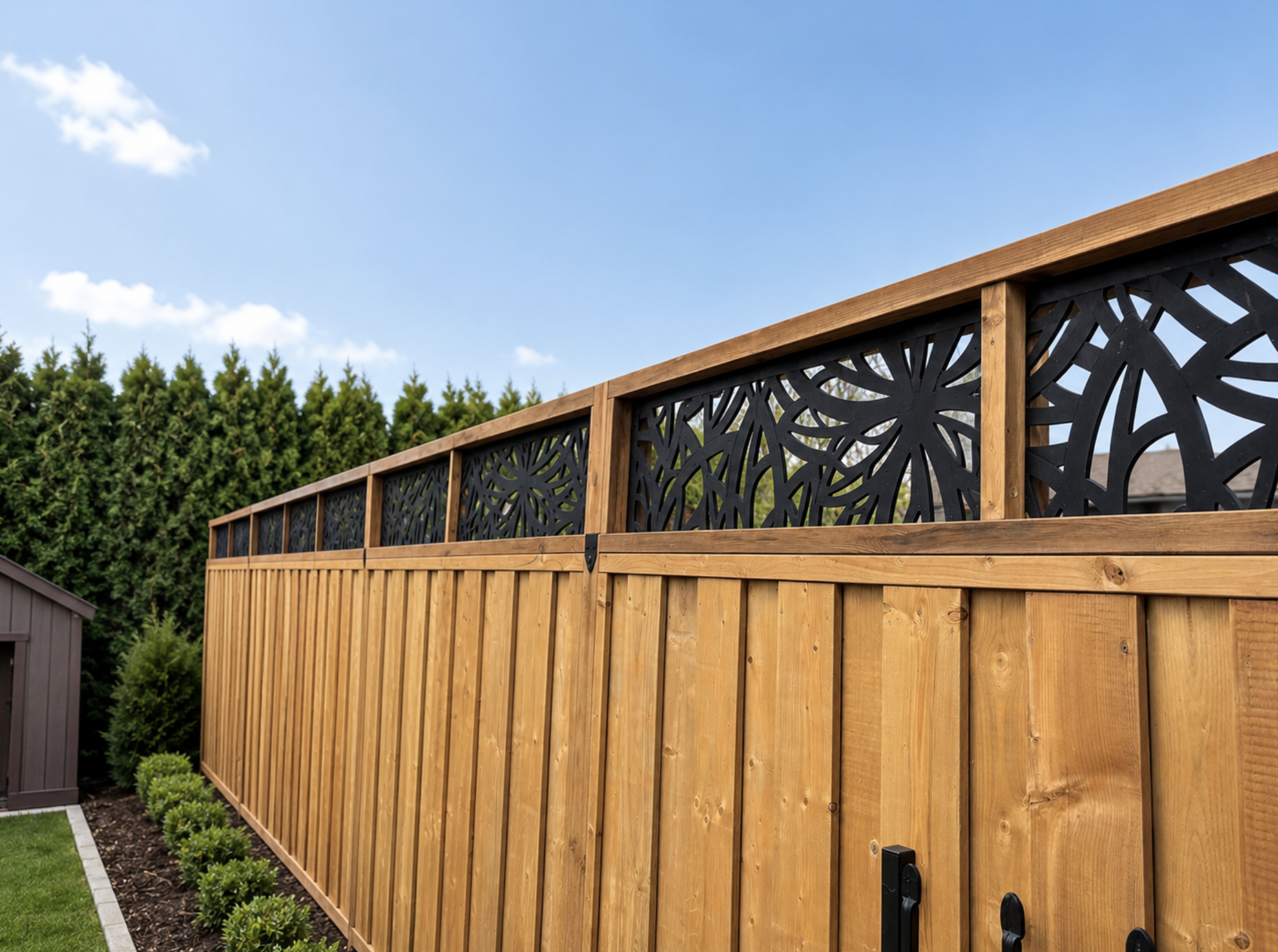 Wood privacy fence with decorative black metal panels