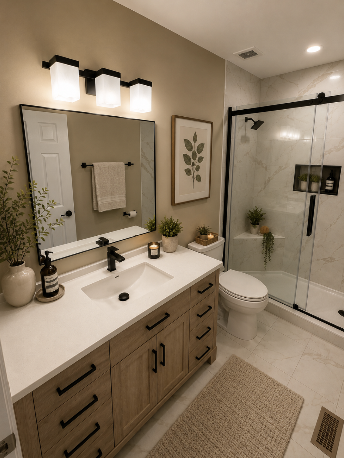Bathroom vanity and glass shower with marble-look tile