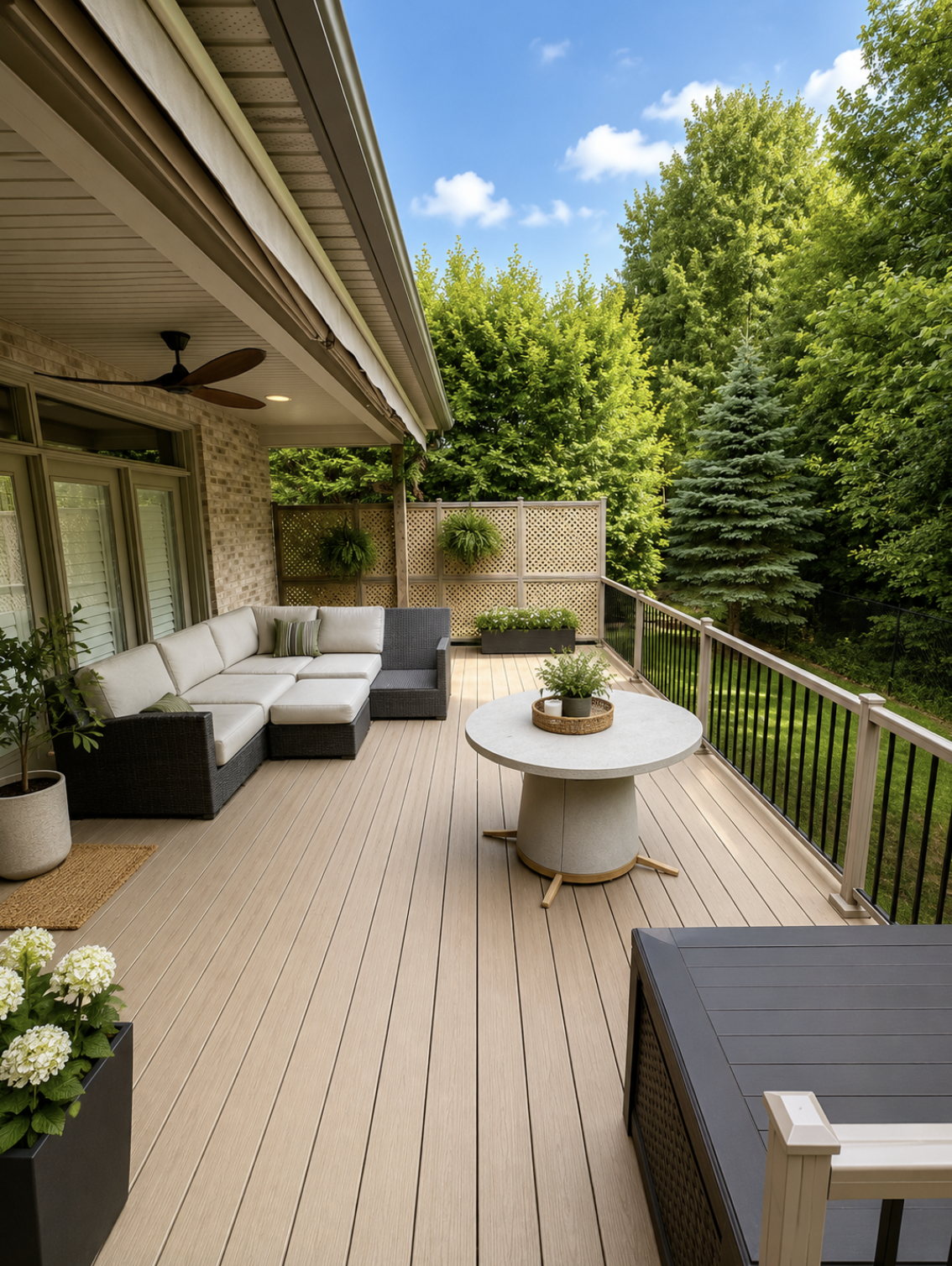 Covered deck with lounge seating and privacy screen