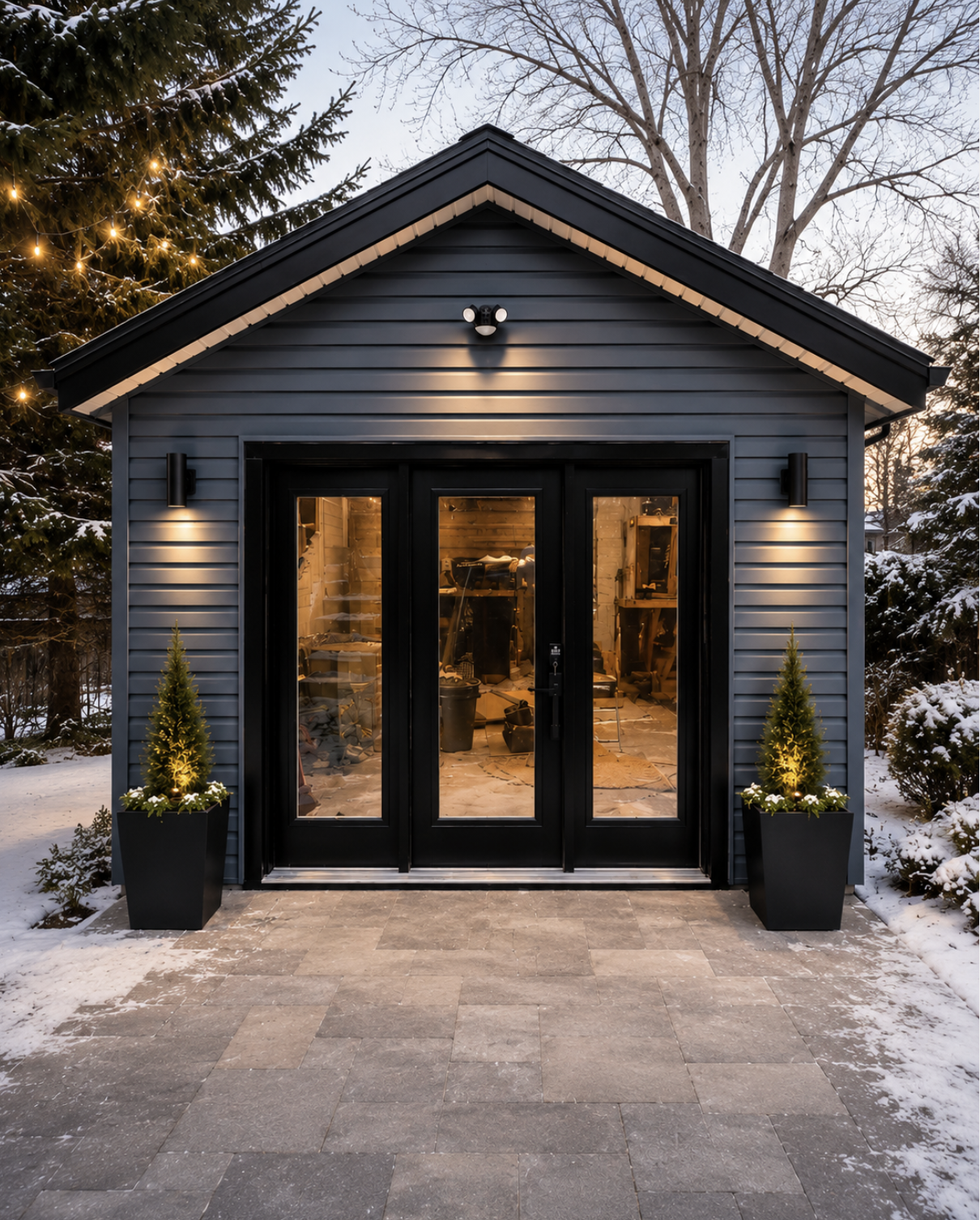 Black-sided backyard structure with glass doors