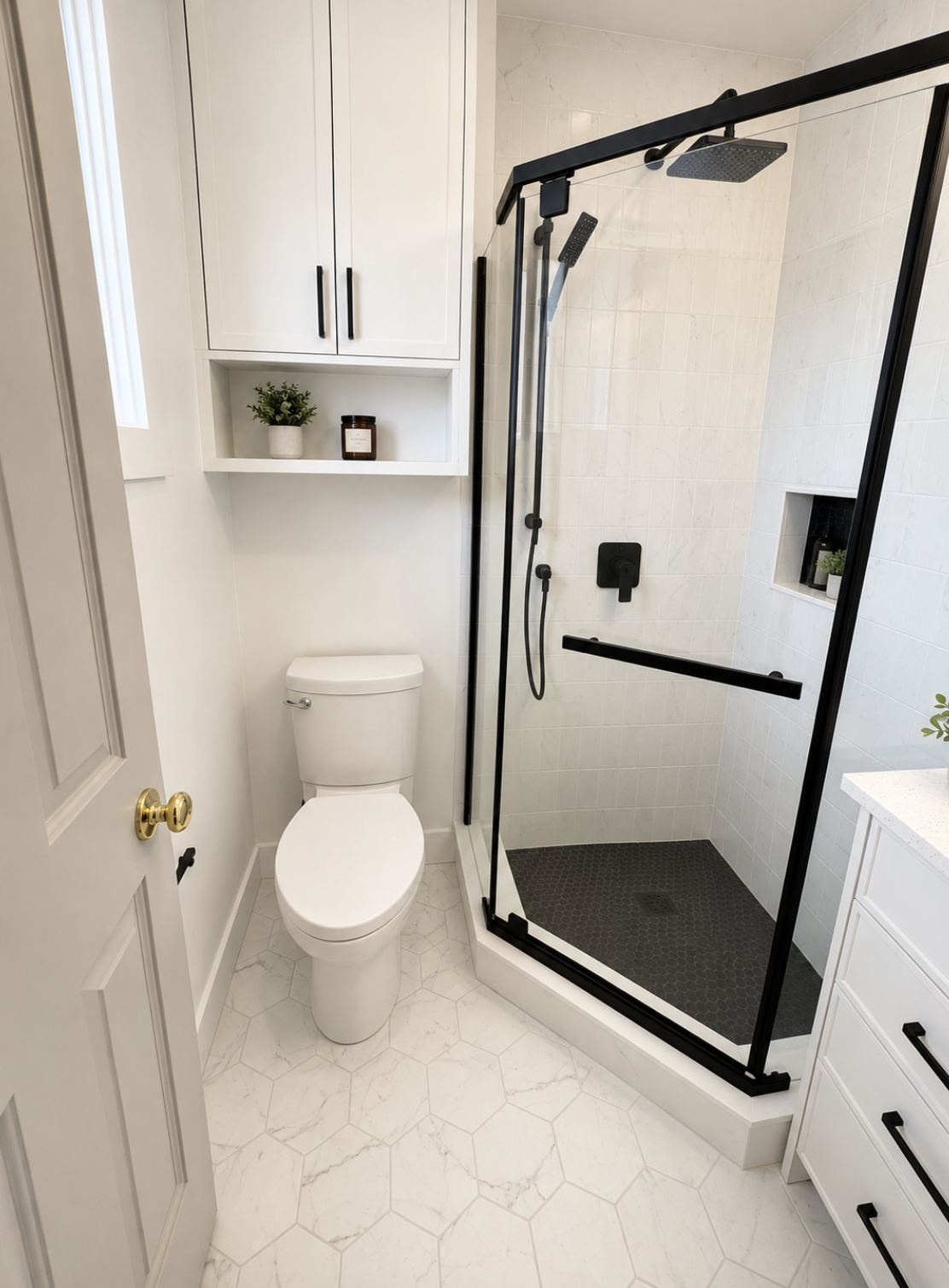 Bathroom with white cabinetry and black-framed shower