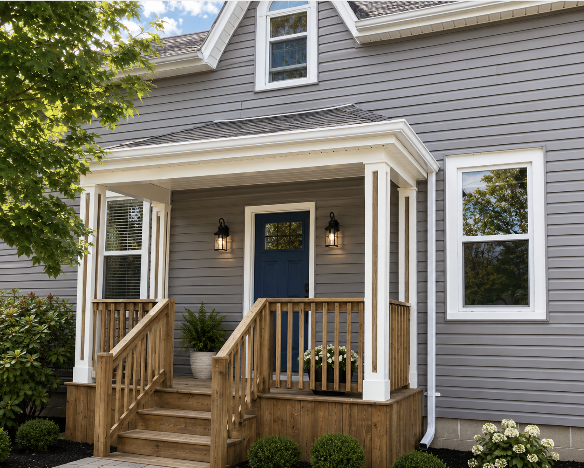 Front porch with wood railing and blue front door
