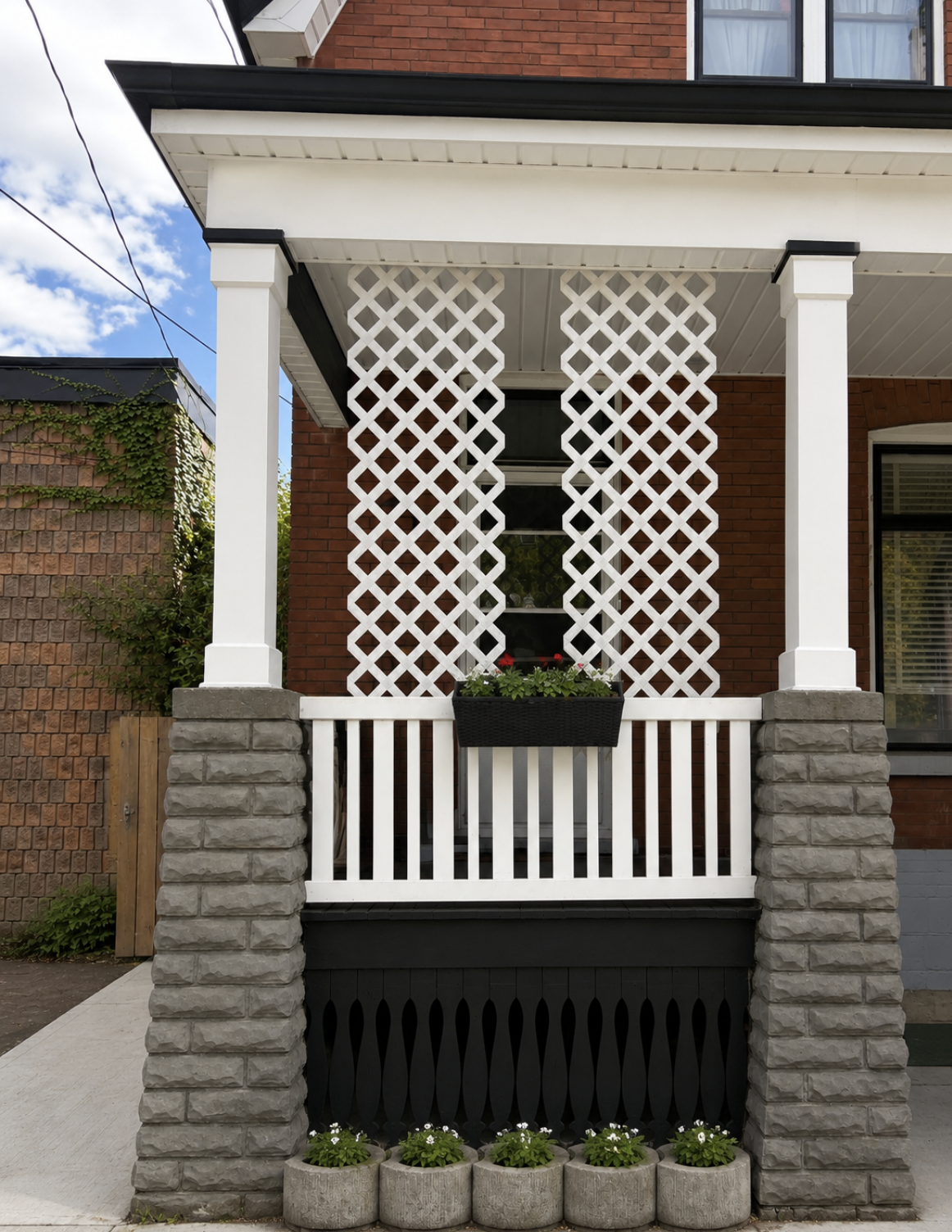 Composite deck with black railing and stairs to backyard