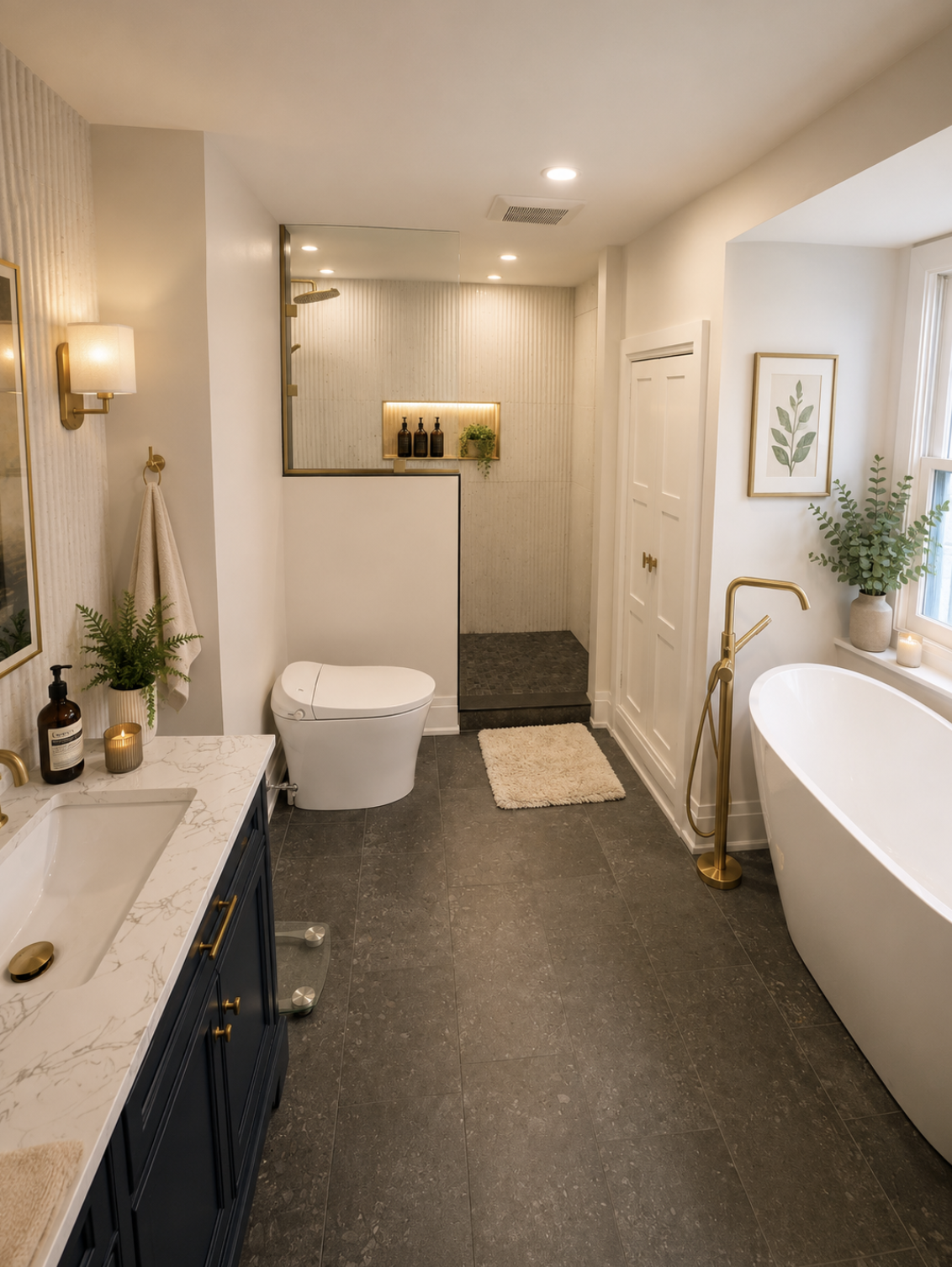 Luxury bathroom with freestanding tub and brass fixtures
